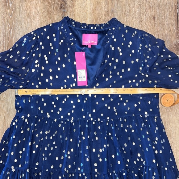 Lilly Pulitzer Sarita Silk Dress Navy Gold Metallic Silk Clip Size 10 - Picture 8 of 14